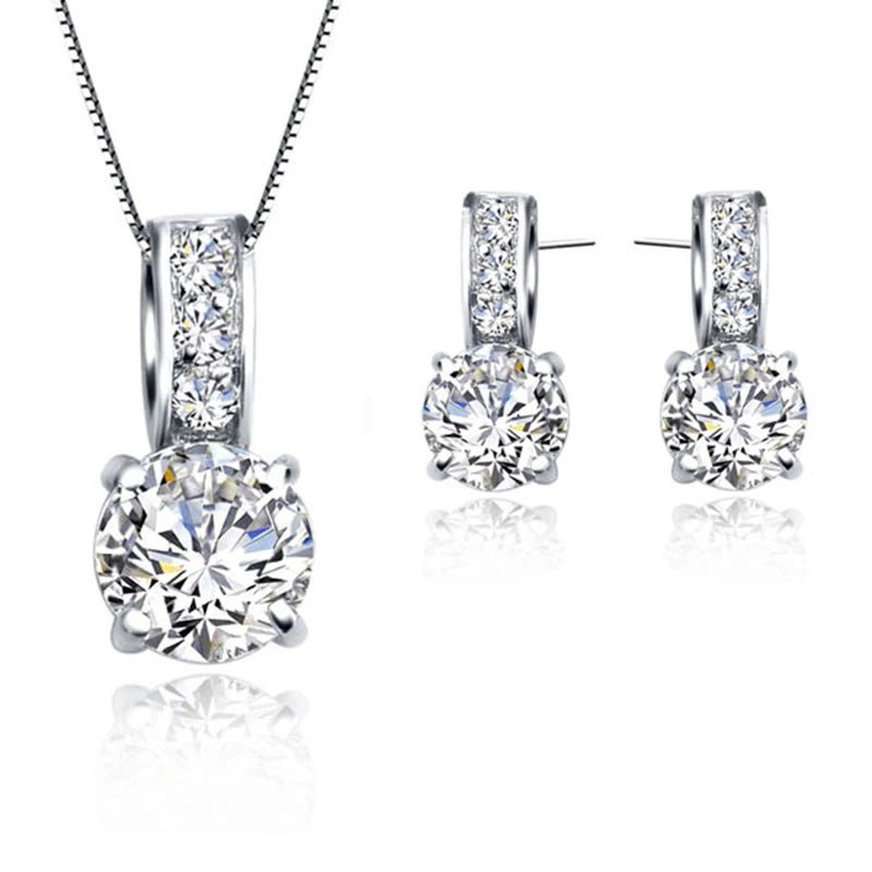 Conjunto de joias de noiva em prata esterlina 925, pingente de cristal de zircônia cúbica clássica - mimarte