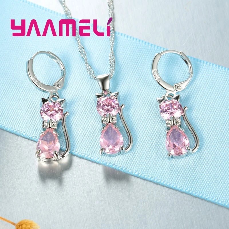 Conjuntos de joias coloridas de prata esterlina 925 real colar com pingente de gato fofo de cristal austríaco brilhante, brinco Huggie - mimarte