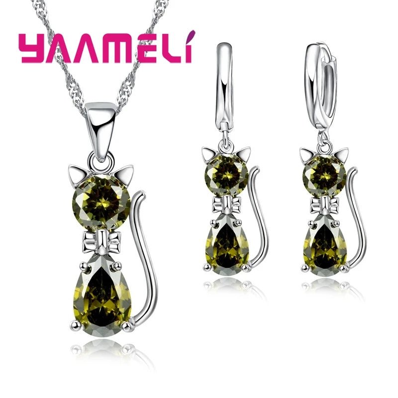 Conjuntos de joias coloridas de prata esterlina 925 real colar com pingente de gato fofo de cristal austríaco brilhante, brinco Huggie - mimarte