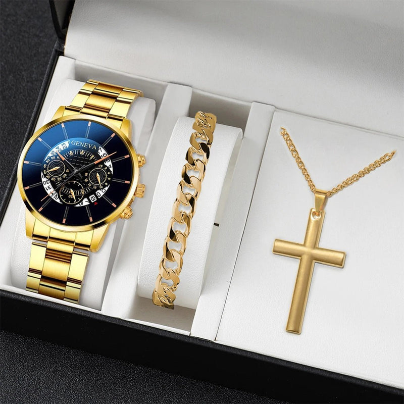 Relógios de Negócios Moda Pulseira de Aço Relógio de Quartzo Masculino Casual Colar Pulseira Relógio de Pulso Conjunto 3PCS/Set - mimarte