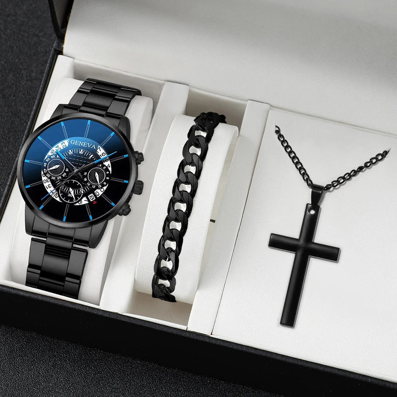 Relógios de Negócios Moda Pulseira de Aço Relógio de Quartzo Masculino Casual Colar Pulseira Relógio de Pulso Conjunto 3PCS/Set - mimarte