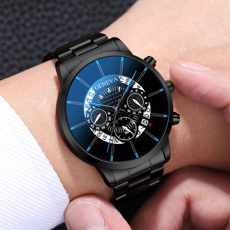 Relógios de Negócios Moda Pulseira de Aço Relógio de Quartzo Masculino Casual Colar Pulseira Relógio de Pulso Conjunto 3PCS/Set - mimarte