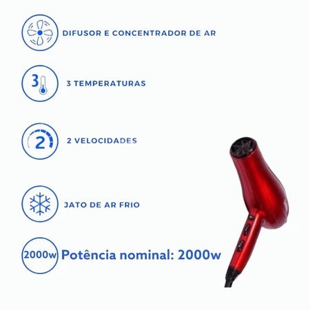 SECADOR DE CABELO TOMATE COM 3 TEMPERATURAS 2 VELOCIDADES - mimarte
