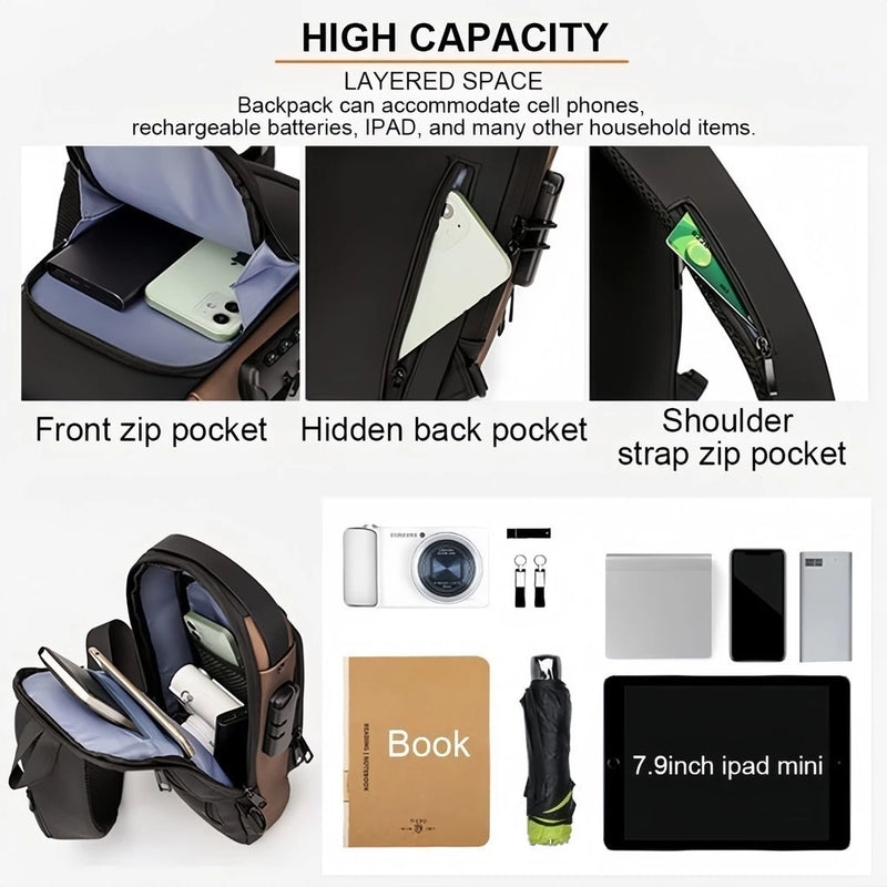 Mochila De Peito Masculina À Prova D'água Com Trava De Código Usb Alta Qualidade