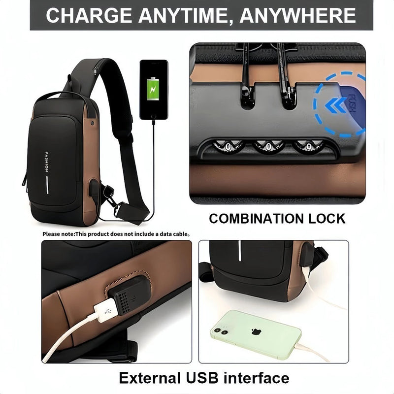 Mochila De Peito Masculina À Prova D'água Com Trava De Código Usb Alta Qualidade