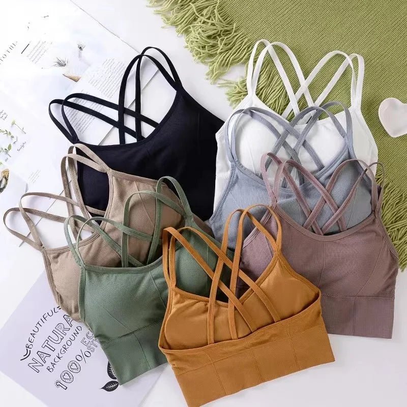 Tops femininos com alça cruzada nas costas, regata push up, sutiã esportivo para exercícios respirável, macio, fitness beleza, cor sólida - mimarte
