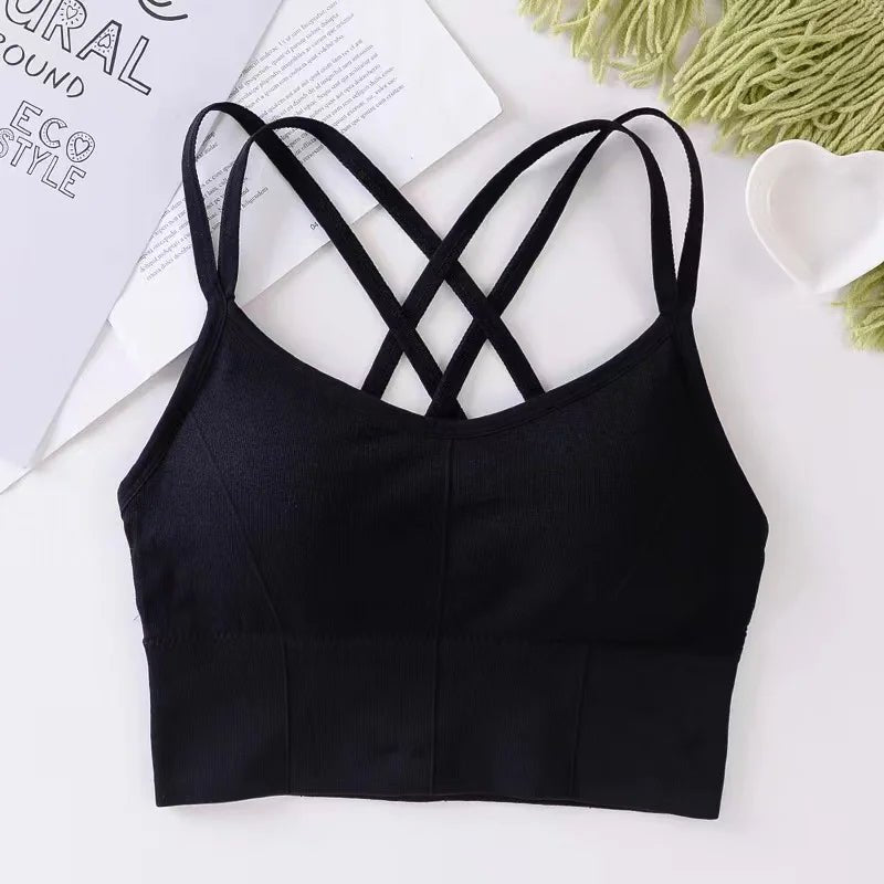 Tops femininos com alça cruzada nas costas, regata push up, sutiã esportivo para exercícios respirável, macio, fitness beleza, cor sólida - mimarte