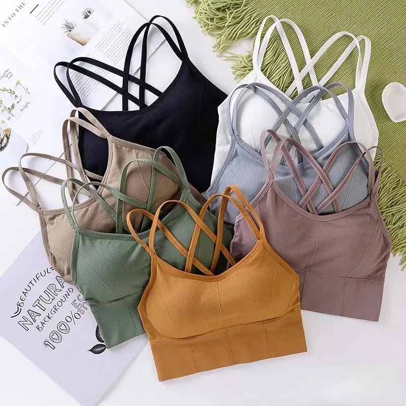 Tops femininos com alça cruzada nas costas, regata push up, sutiã esportivo para exercícios respirável, macio, fitness beleza, cor sólida - mimarte