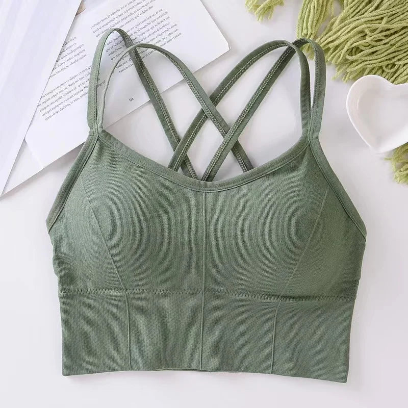 Tops femininos com alça cruzada nas costas, regata push up, sutiã esportivo para exercícios respirável, macio, fitness beleza, cor sólida - mimarte