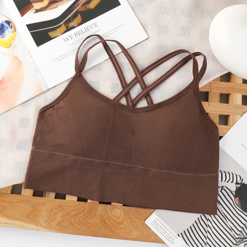 Tops femininos com alça cruzada nas costas, regata push up, sutiã esportivo para exercícios respirável, macio, fitness beleza, cor sólida - mimarte